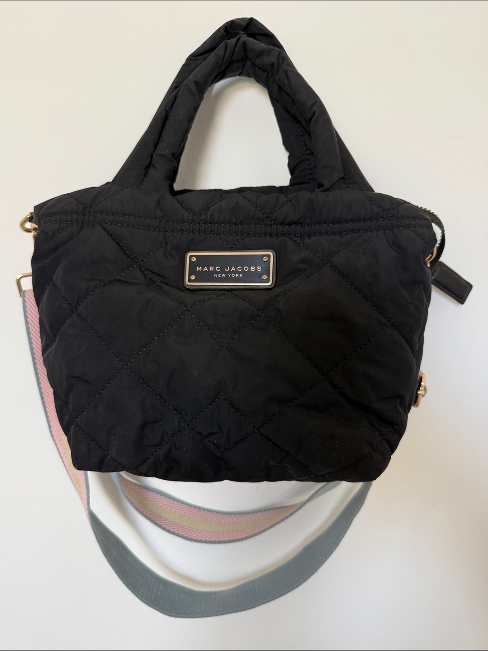 Marc Jacobs Black Quilted Crossbody Tote with Pastel Striped Strap